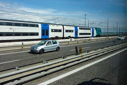 Venuice-Mestre train on railroad bridge to mainland