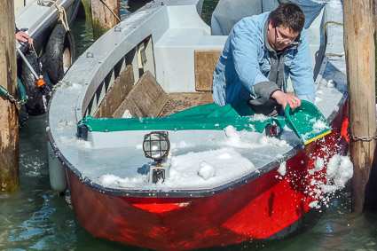 Venice boat with snow in winter