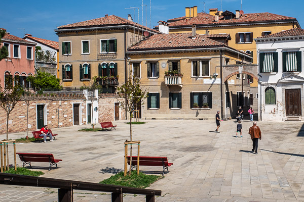 Benches in Campo Sant'Alvise, Venice, Italy.